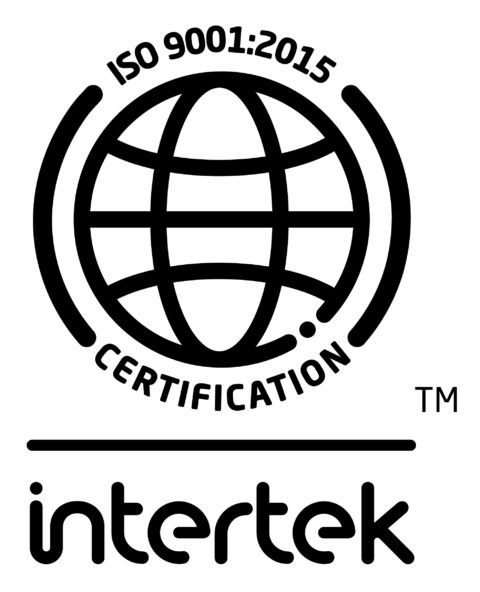 Black and white ISO 9001:2015 certification logo with a globe graphic and the word "intertek" beneath it.